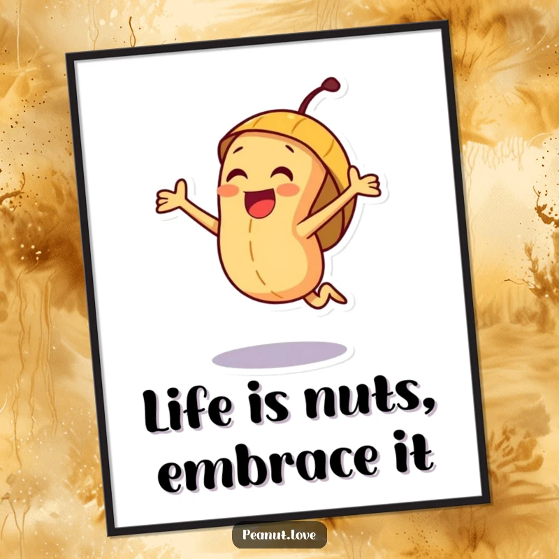 Funny Free Printable Wall Art: Joyful peanut character mid-air jump in a cheerful shell, bringing energetic vibes to any room.