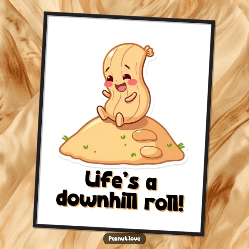 Funny Free Printable giggling peanut character joyfully rolling down a hill, bringing smiles and energy to any wall. Humorous.