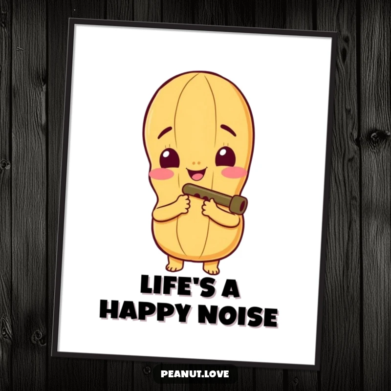 Funny free printable wall art of a peanut character with a wide smile joyfully playing a tiny kazoo, spreading musical cheer.