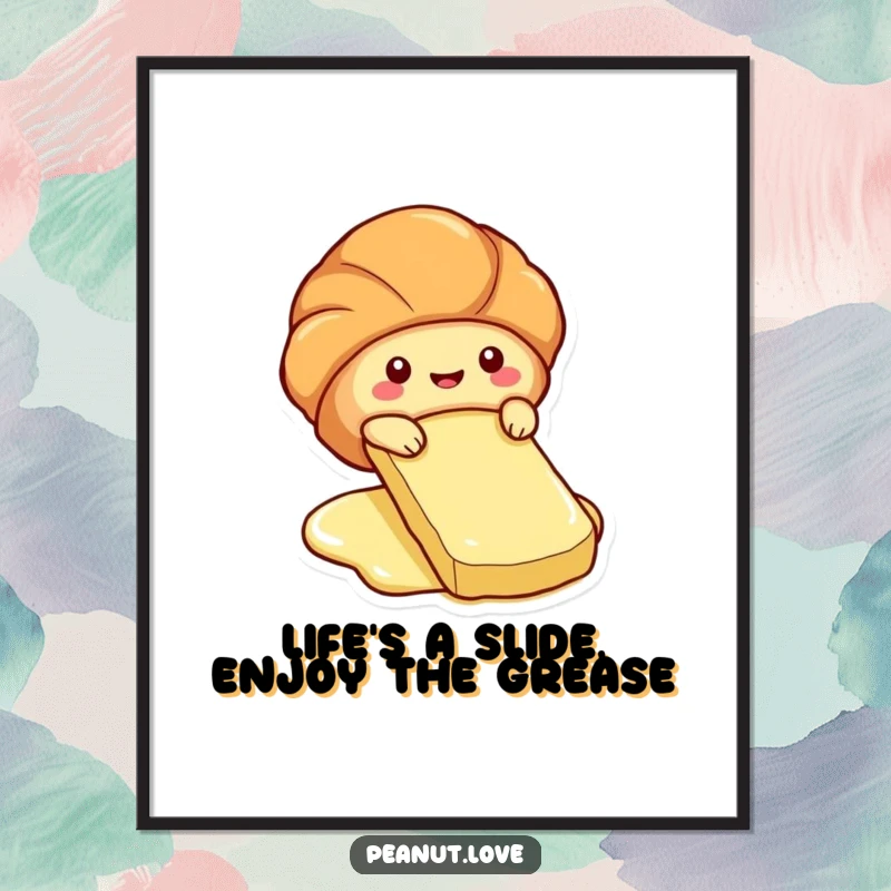 Funny Free Printable Wall Art: A cute croissant character sliding down a butter pat like a slide for charming decor.