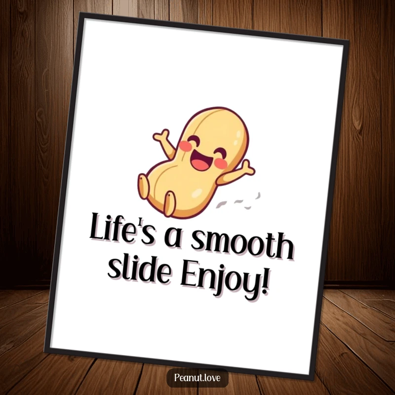 Free Printable Wall Art: Comical peanut character gleefully sliding down a polished surface, captured in mid-motion.