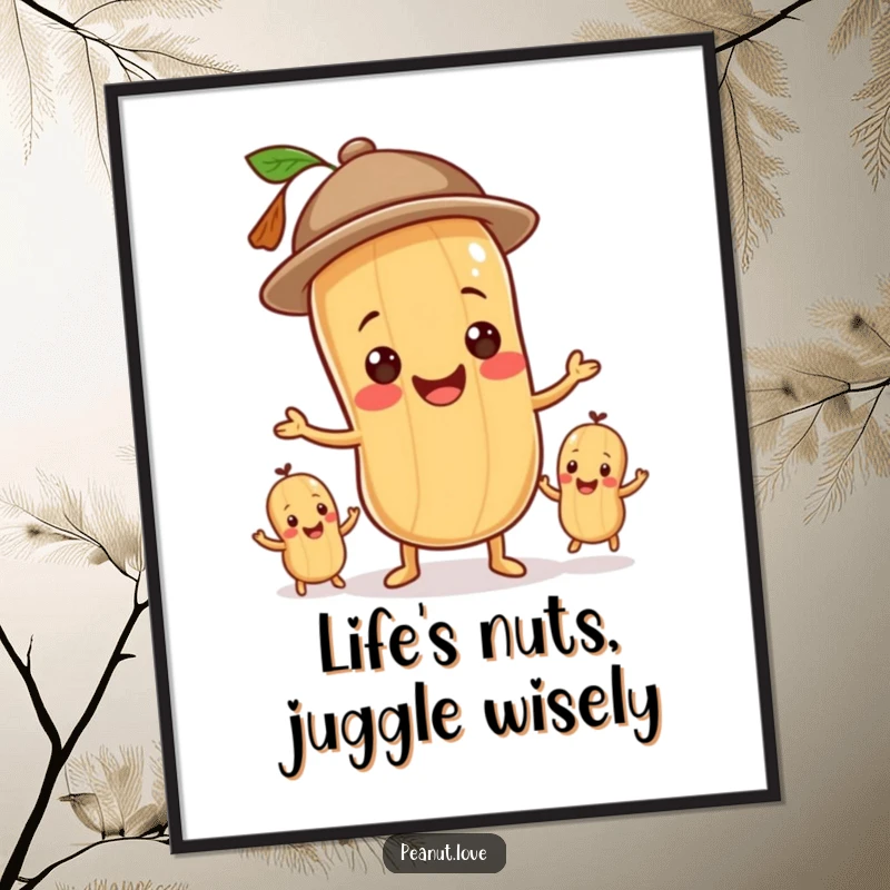 Funny Free Printable Wall Art: Smiling peanut character wearing a tiny hat, juggling three smaller peanuts with a cheerful expression.