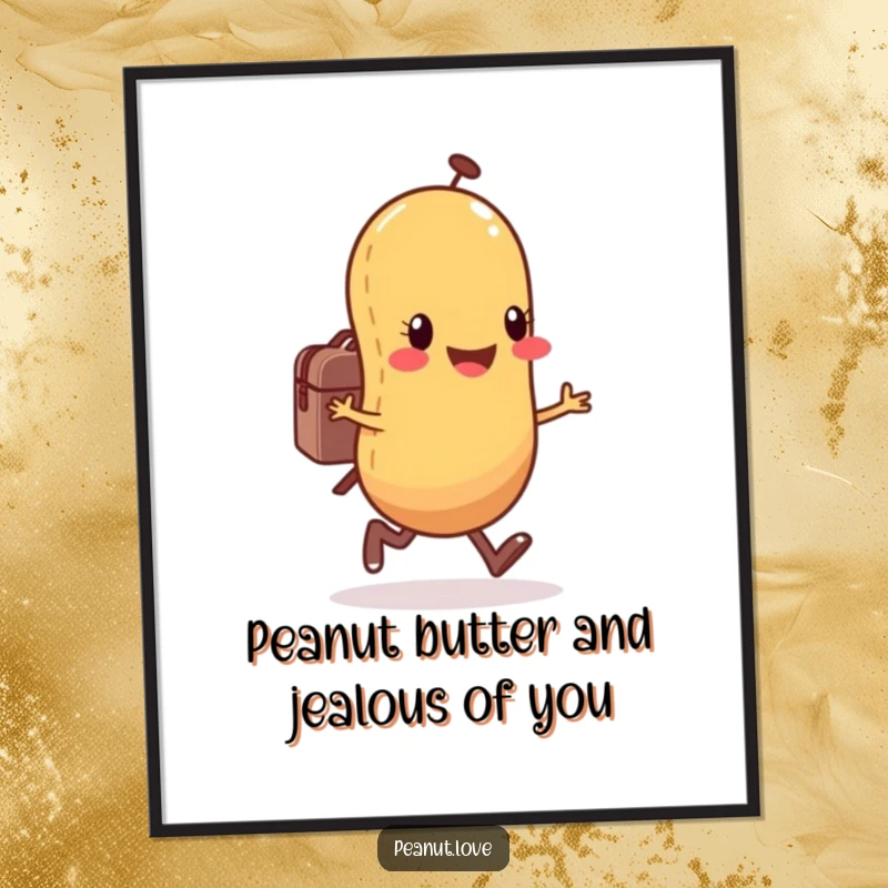 Funny Free Printable Wall Art: Happy anthropomorphic peanut character joyfully skipping with a small backpack, radiating positive and adventurous vibes.