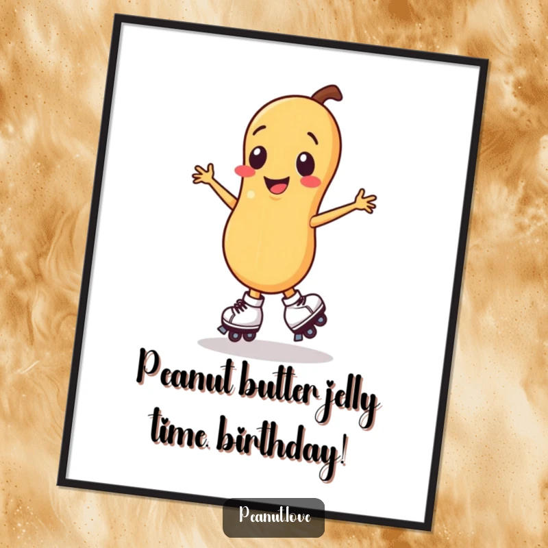 Funny Free Printable Wall Art: A smiling peanut character wearing tiny roller skates, captured mid-spin with infectious joy.