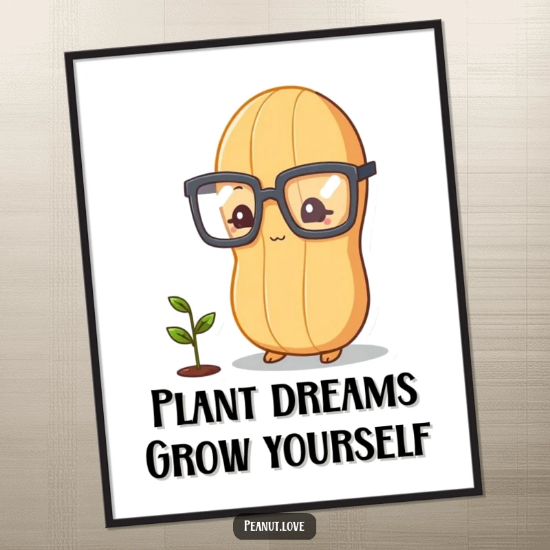 Funny Free Printable Wall Art of a peanut wearing large glasses, contemplating a tiny plant sprout with whimsical charm.