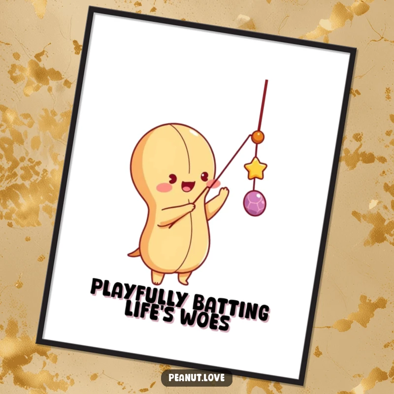 Funny Free Printable playful peanut character batting at a dangling string like a toy, bringing whimsical energy to any room. Humorous.