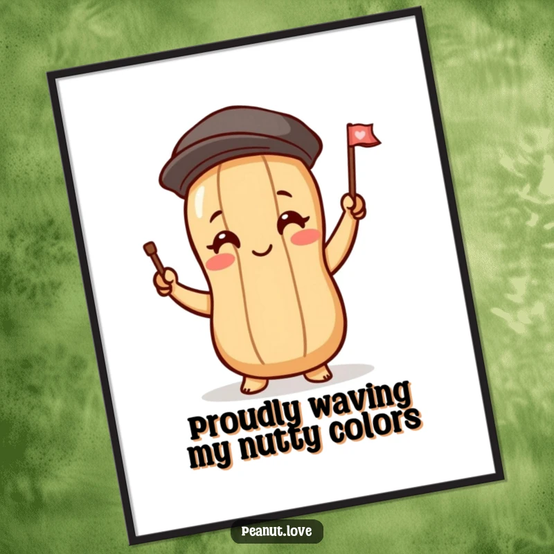 Funny Free Printable Wall Art: A peanut character with blushing cheeks waves a tiny flag, cute and cheerful decor, DIY art.