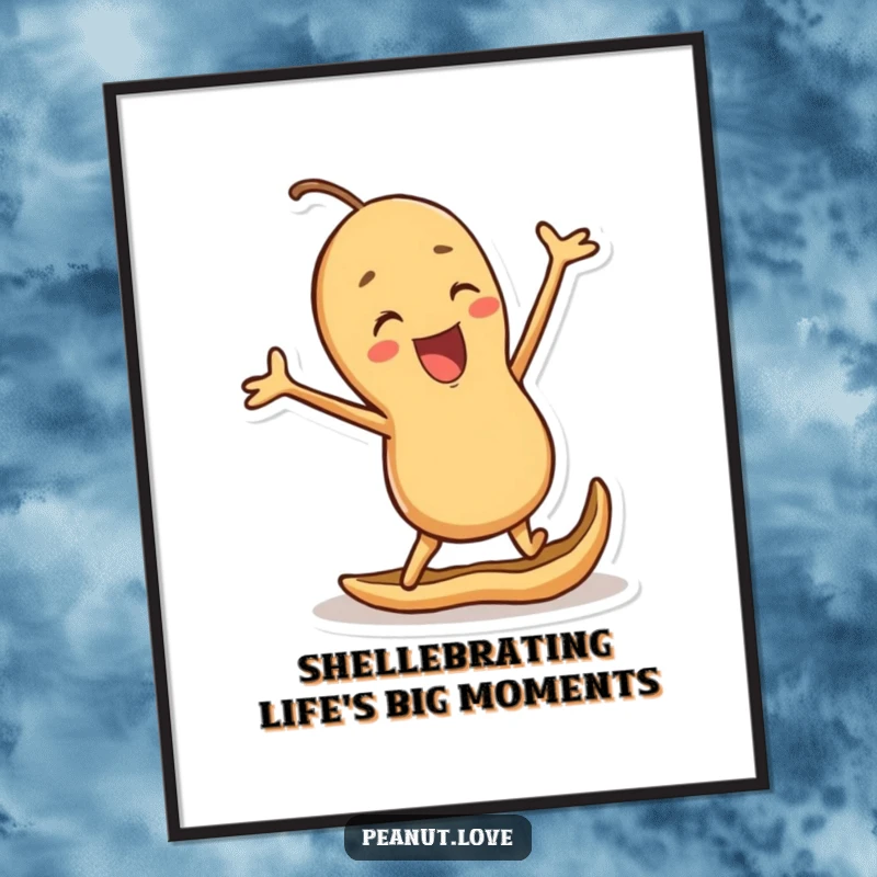 Funny Free Printable Wall Art: A happy peanut character, mid-air jump, radiating pure excitement and joy.
