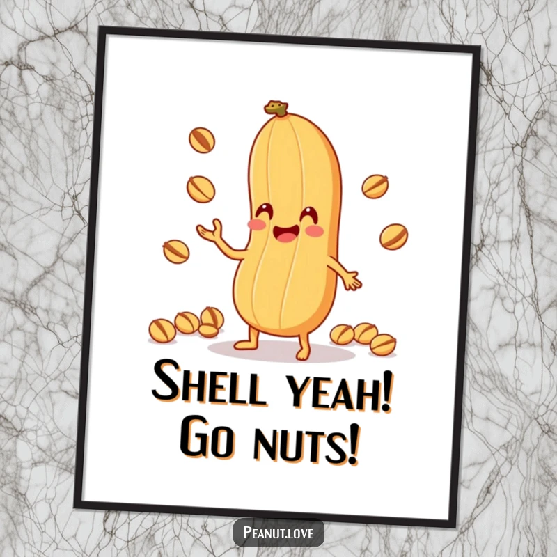 Funny Free Printable Wall Art: An anthropomorphic peanut juggling tiny nuts with its shell, adding a comical and playful touch.