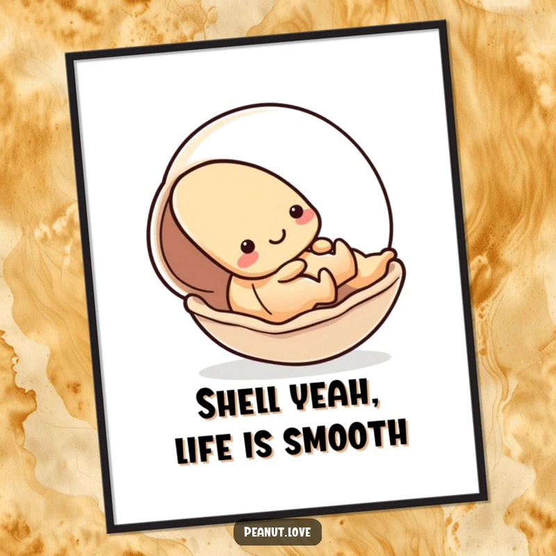 Funny Free Printable Wall Art: A Kawaii peanut character playfully sliding down a smooth, curved shell with a grin.