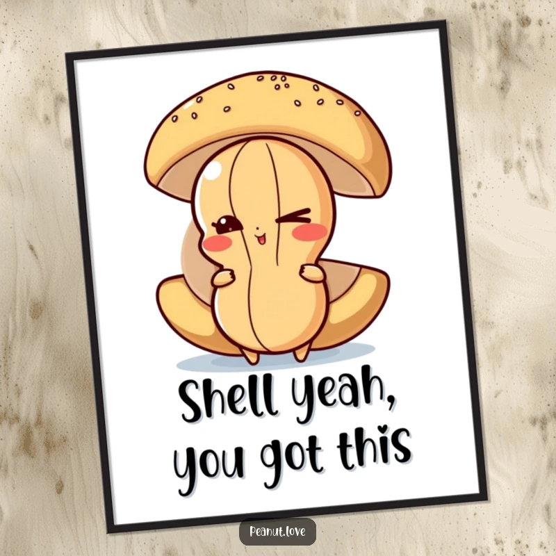 Funny Free Printable Wall Art: a mischievous peanut character winking from behind a giant piece of fruit, adding quirky humor.