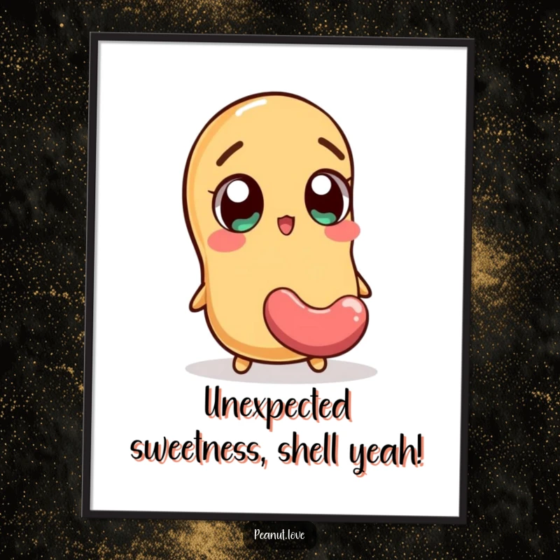 Funny Free Printable Wall Art: Peanut character with wide eyes surprised by a falling jellybean, whimsical decor, downloadable art, DIY.