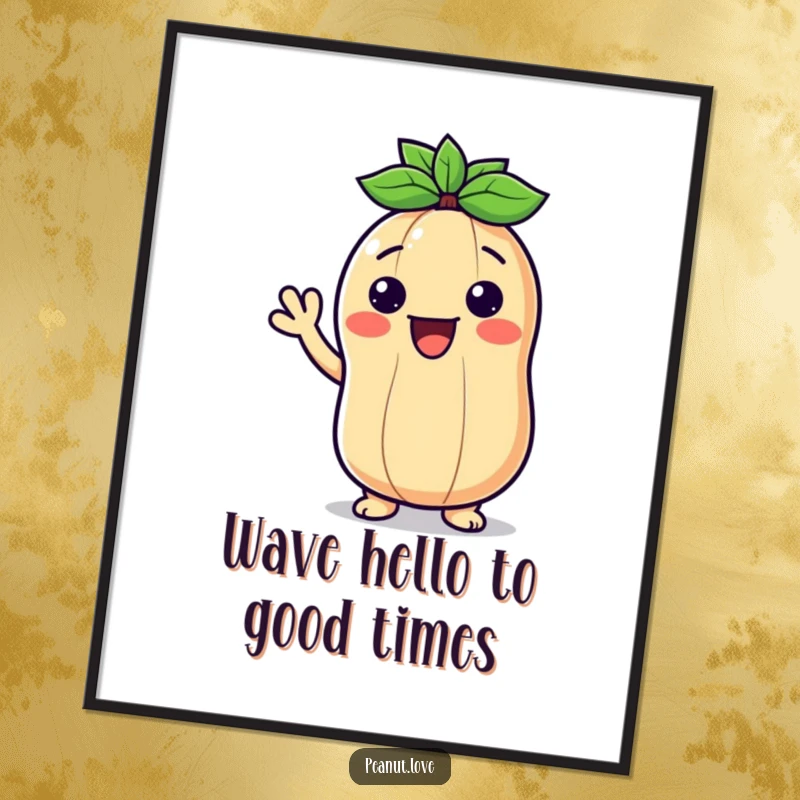 Funny Free Printable Wall Art: A Kawaii peanut with a wide smile giving a friendly wave, perfect for welcoming decor.