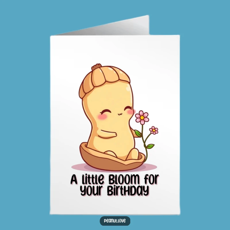 Free Printable Sweet Birthday Card: Shy Peanut with Flower, Tender Downloadable