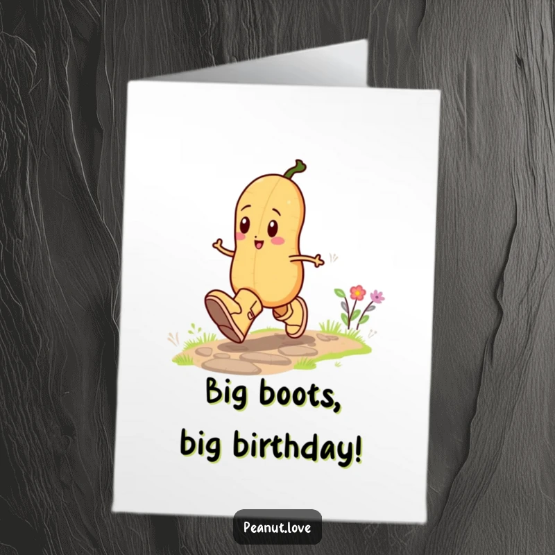Funny Free Printable Birthday Card: Joyful Peanut in Big Boots Happily Skipping Down a Sunny Path