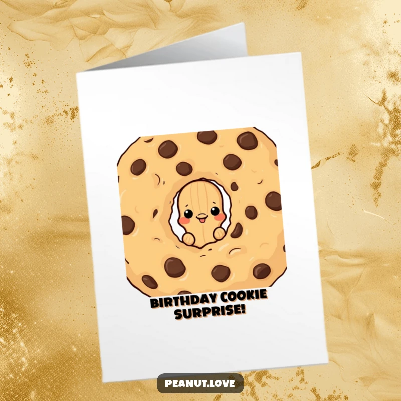 Funny Free Printable Birthday Card: Peanut character peeking from behind a giant chocolate chip cookie, sweet and cheeky, DIY gift.