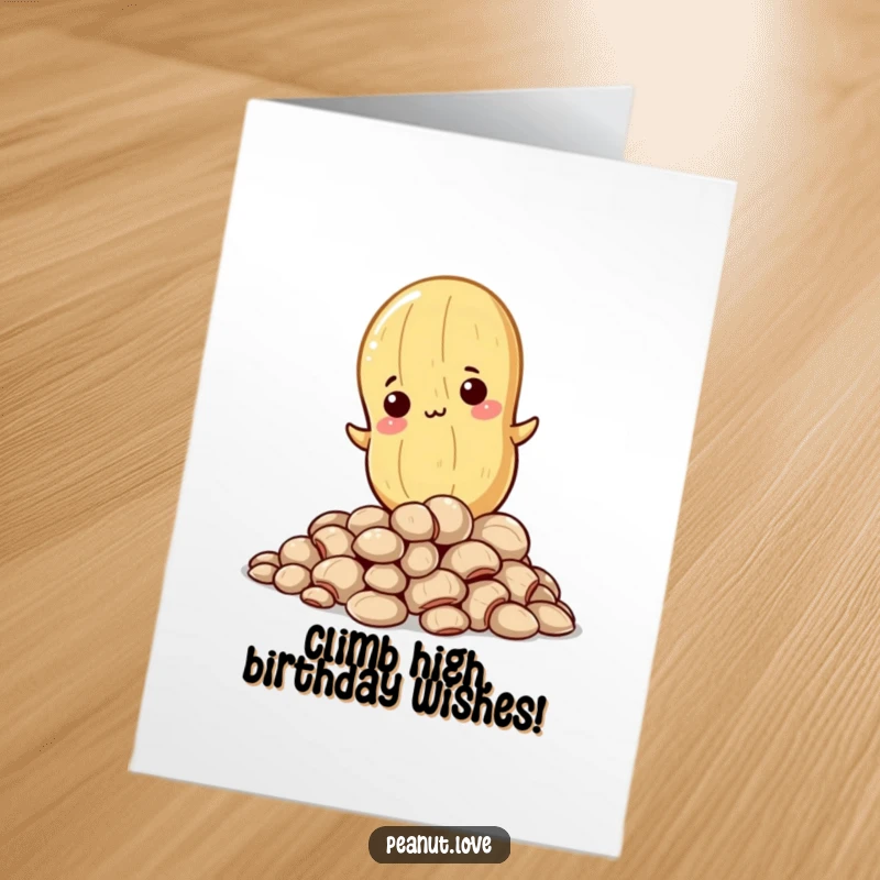 Funny Free Printable Birthday Card: A determined Kawaii peanut character intently climbing a tall pile of shells.