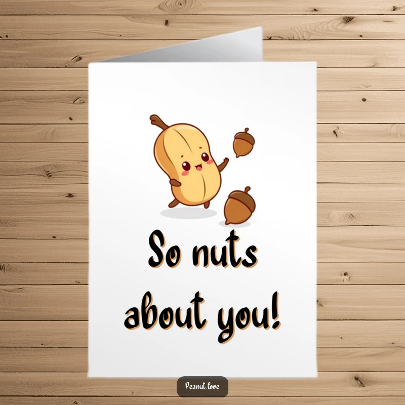 Funny Free Printable Birthday Card: Determined kawaii peanut stretching for a falling acorn, perfect for a unique DIY gift.
