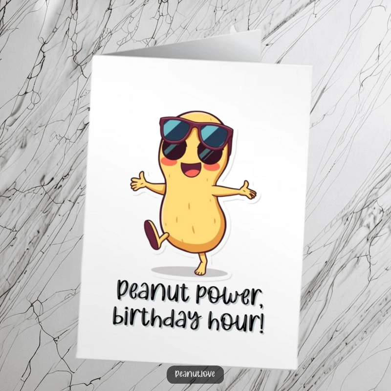 Funny Free Printable Birthday Card: Smiling Peanut Doing a Cartwheel in Sunglasses, Ready to Party
