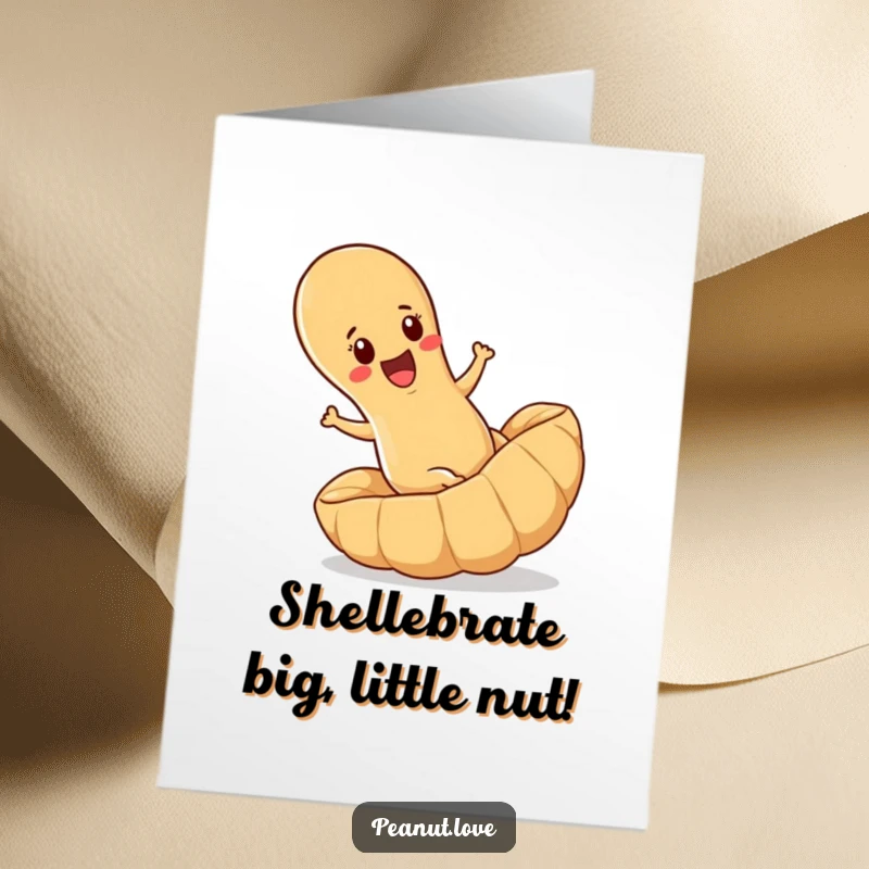 Funny Free Printable Birthday Card: A determined peanut joyfully rolls downhill inside a giant shell, spreading birthday cheer.