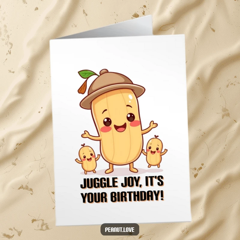 Funny Free Printable Birthday Card: Smiling peanut character in a tiny hat, juggling three smaller peanuts cheerfully.