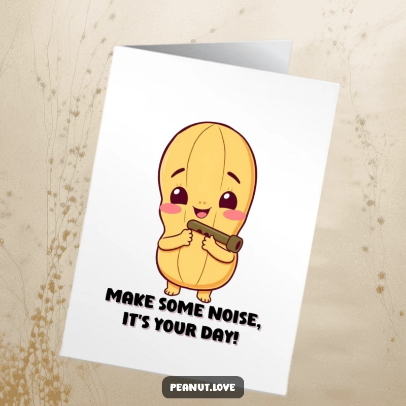 Funny free printable birthday card featuring a peanut character with a wide smile, joyfully playing a tiny kazoo, celebrating with music.