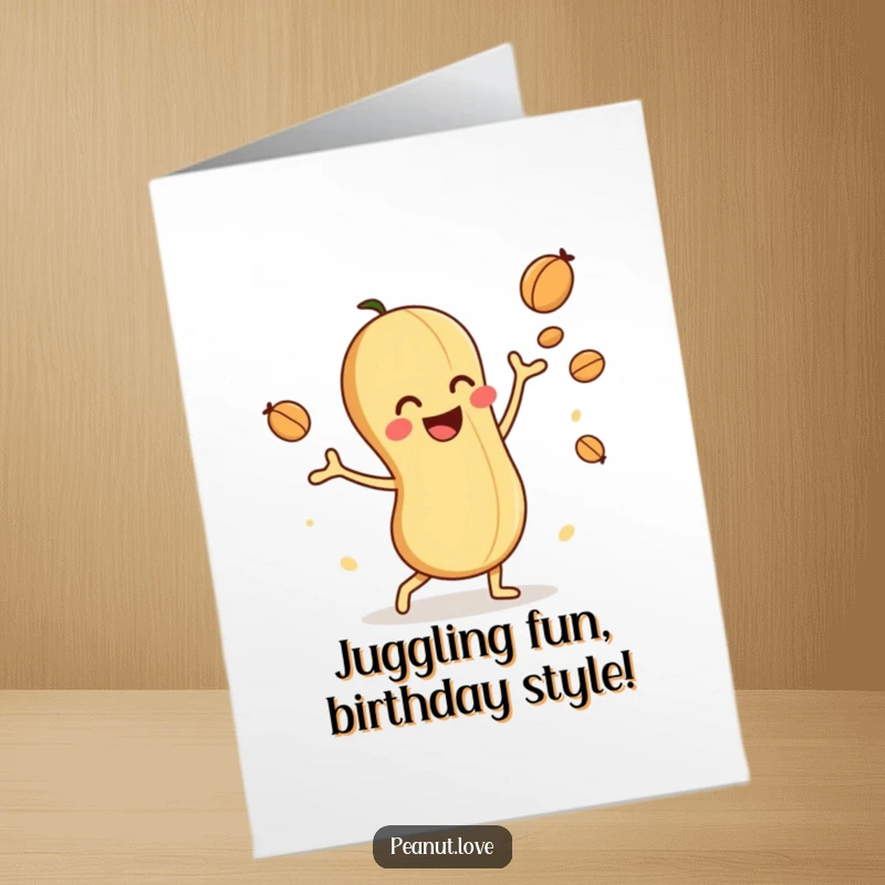 Funny Free Printable Birthday Card: A joyful peanut character skillfully juggling smaller nuts with a happy expression.