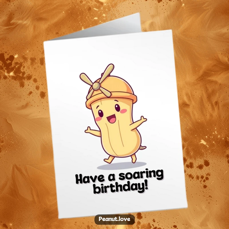 Funny Free Printable Birthday Card: A peanut character wears a propeller hat, comically attempting to fly with determination.