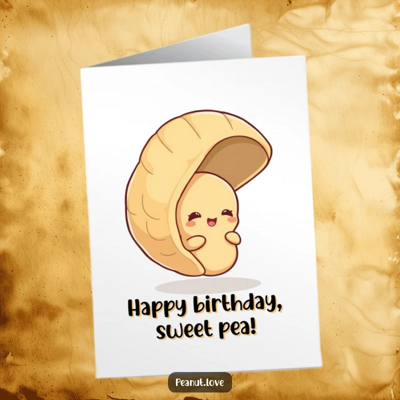Funny Free Printable Birthday Card: Shy Peanut Peeking from Giant Shell, Giggling with Birthday Joy and Sweetness.