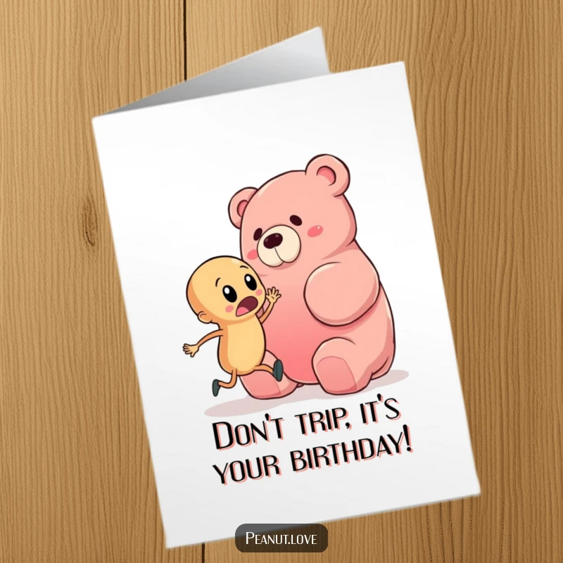 Funny Free Printable Birthday Card: Startled Peanut Almost Tripping Over a Giant Gummy Bear