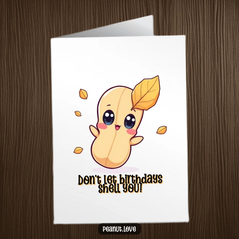 Funny Free Printable Birthday Card: Kawaii peanut character with wide, surprised eyes staring at a single falling leaf, a moment of shock.