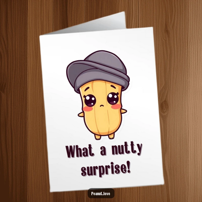 Funny Free Printable Birthday Card: A kawaii peanut character has wide, popping eyes in a hilariously shocked expression.