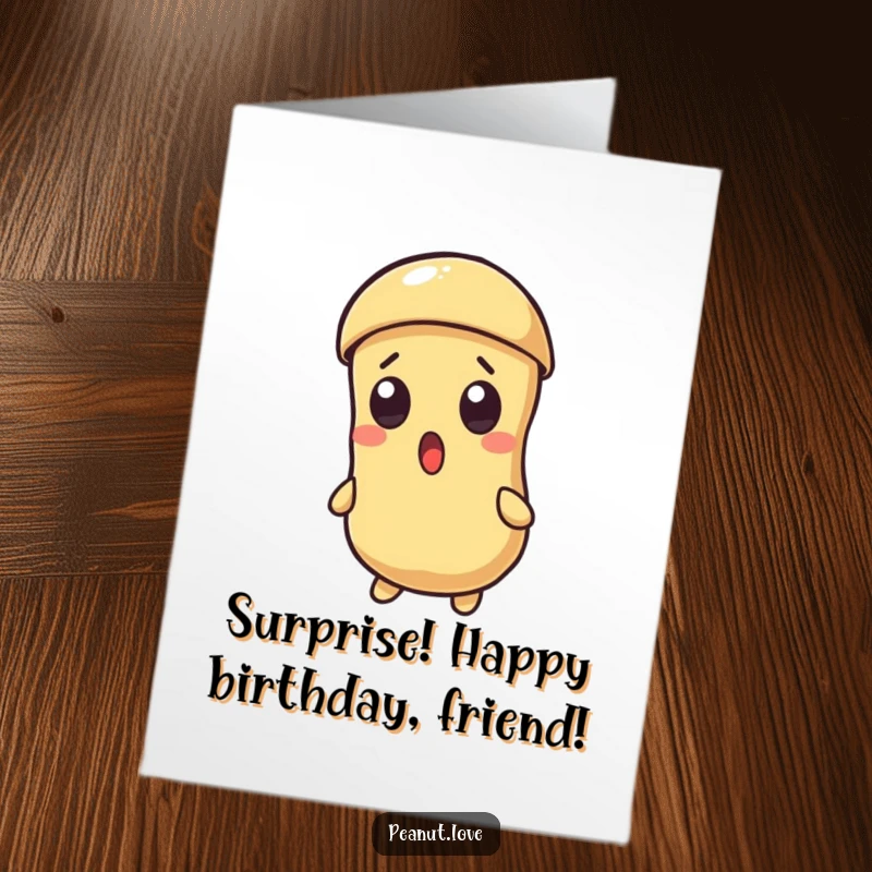 Funny Free Printable Birthday Card: A Kawaii peanut with wide surprised eyes as its shell cracks open unexpectedly.