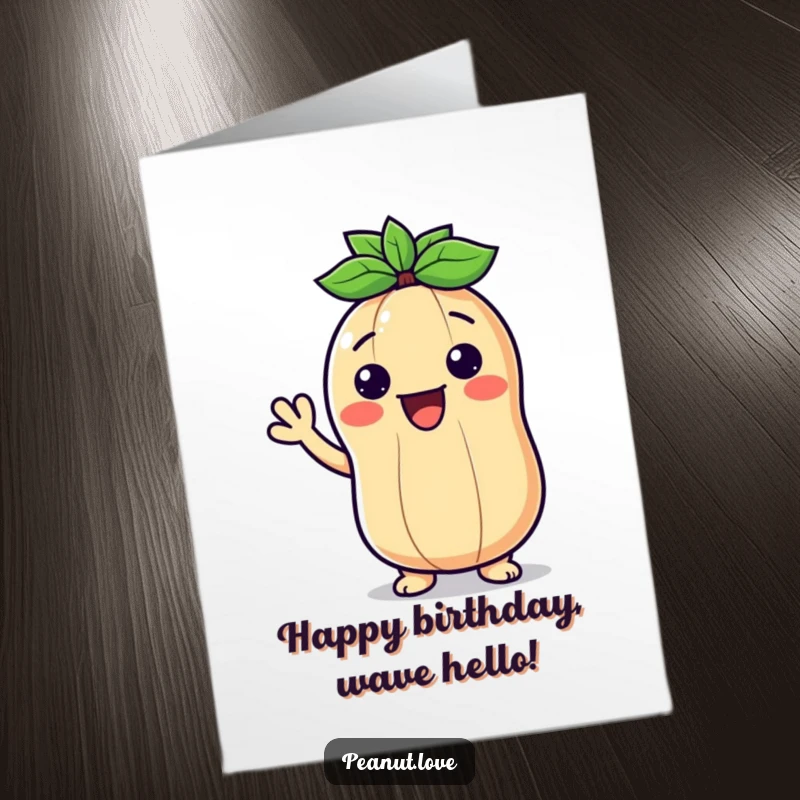 Funny Free Printable Birthday Card: A Kawaii peanut with a wide smile happily offering a friendly wave.