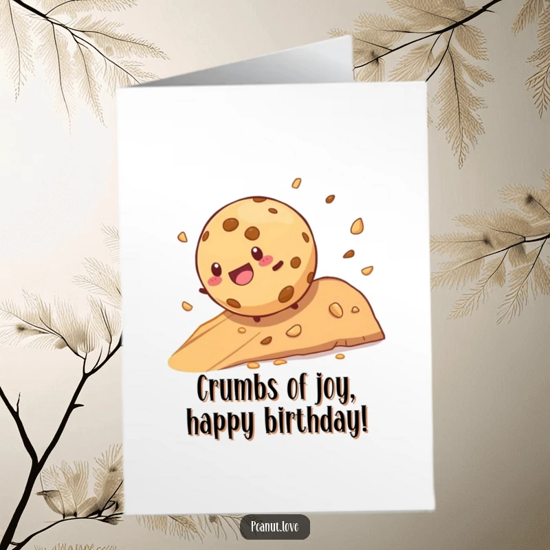 Funny Free Printable Birthday Card: A round cookie joyfully rolls down a hill, leaving a trail of delicious crumbs.