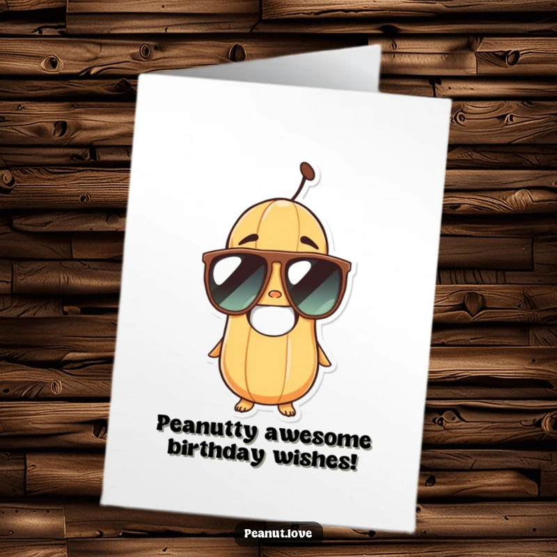 Funny Free Printable Birthday Card of a cool peanut character grinning widely while sporting oversized sunglasses, ready to party.