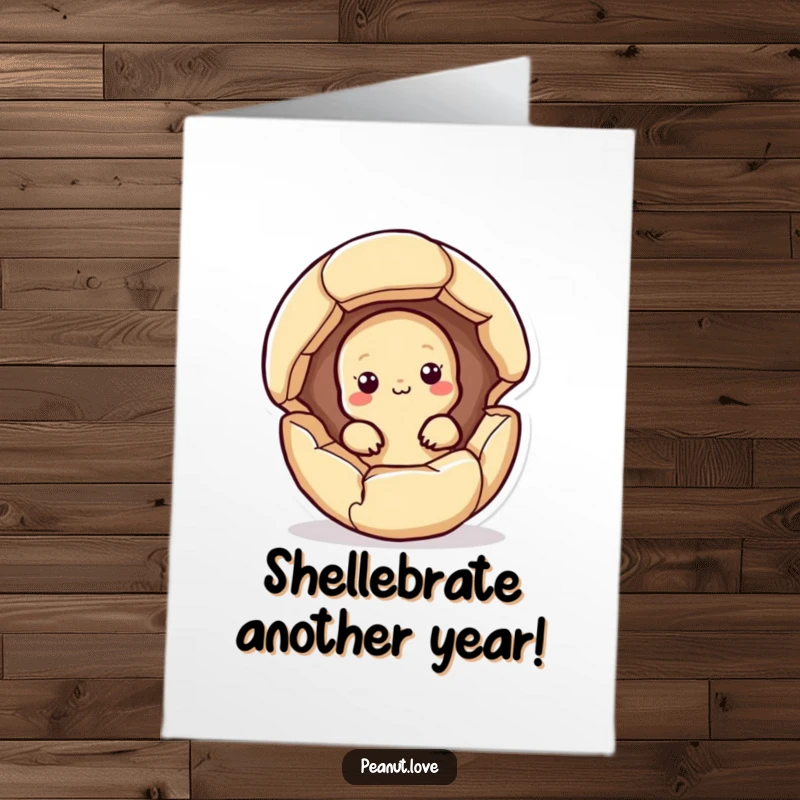Funny Free Printable Birthday Card: Adorable Kawaii peanut peeking cheekily from a cracked shell, ready to celebrate.