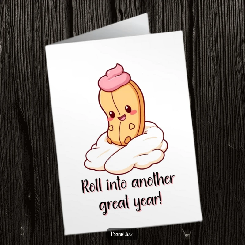 Funny Free Printable Birthday Card: Peanut with a mischievous grin joyfully rolling down whipped cream.