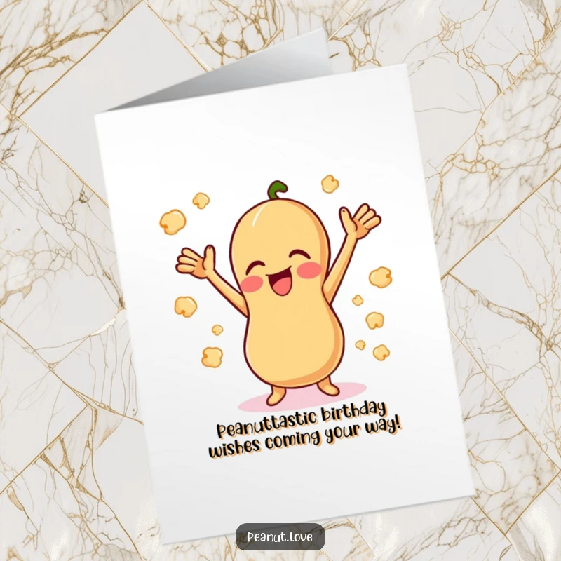 Funny Free Printable Birthday Card: Giggling peanut with arms up, joyfully surrounded by floating popcorn.