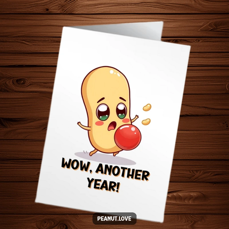 Funny Free Printable Happy Birthday Card: Surprised peanut character with wide eyes, comically dodging a giant falling jelly bean on a birthday.