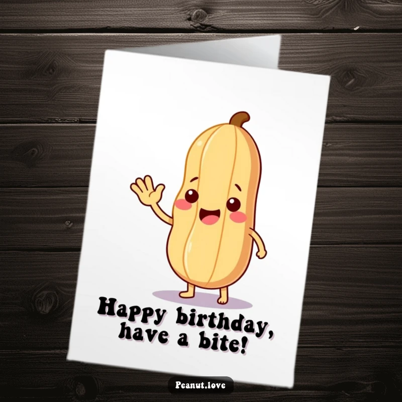 Funny Free Printable Birthday Card: A peanut character waves hello, offering a small, edible leaf, a sweet and humorous birthday wish.