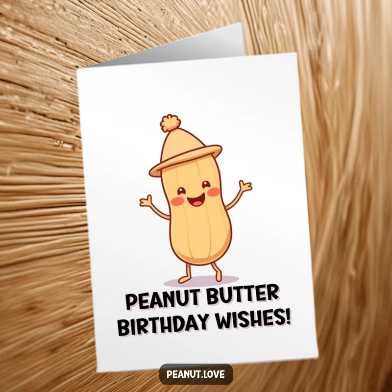 Funny Free Printable Birthday Card: A smiling peanut in a tiny hat does a happy jig.