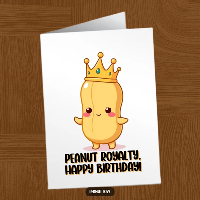 Funny Free Printable Birthday Card: A peanut king with a crown proudly admires his perfect peanut shape, a regal and hilarious greeting.