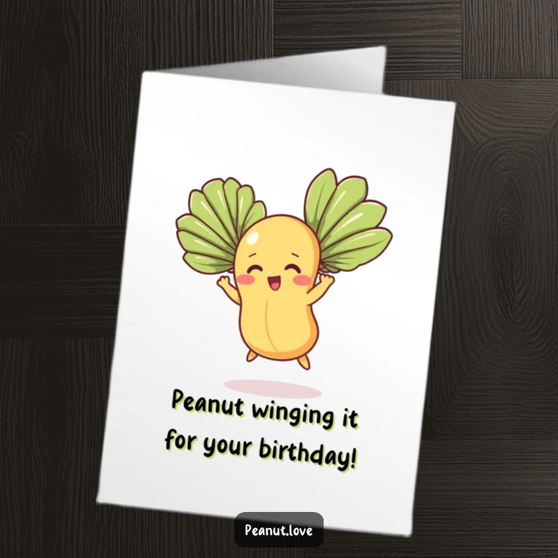 Funny Free Printable Birthday Card featuring a determined peanut character attempting flight with large fan leaves, hilarious DIY gift.