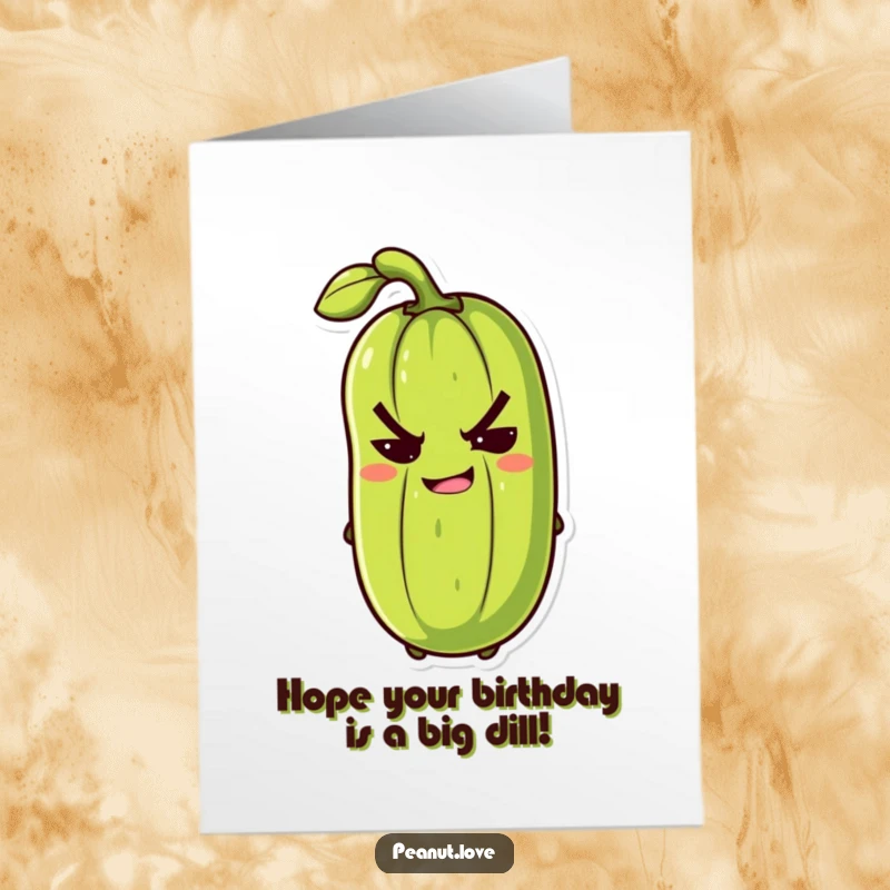 Funny Free Printable Birthday Card: An anthropomorphic pickle with a mischievous grin gives a sly wink.