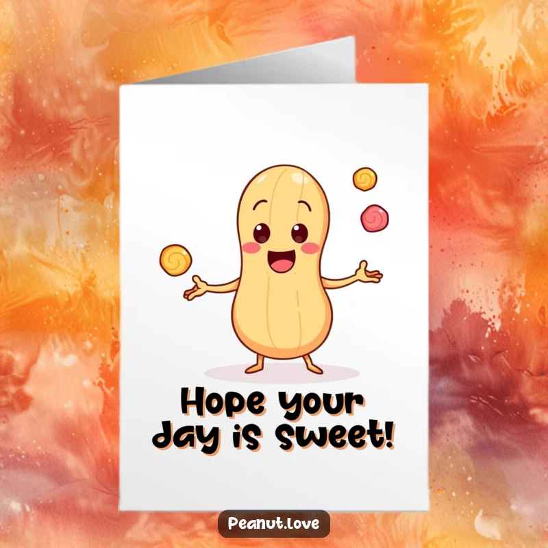 Funny free printable birthday card featuring a cheerful peanut character juggling three tiny, bouncing candy pieces, celebrating with joy.