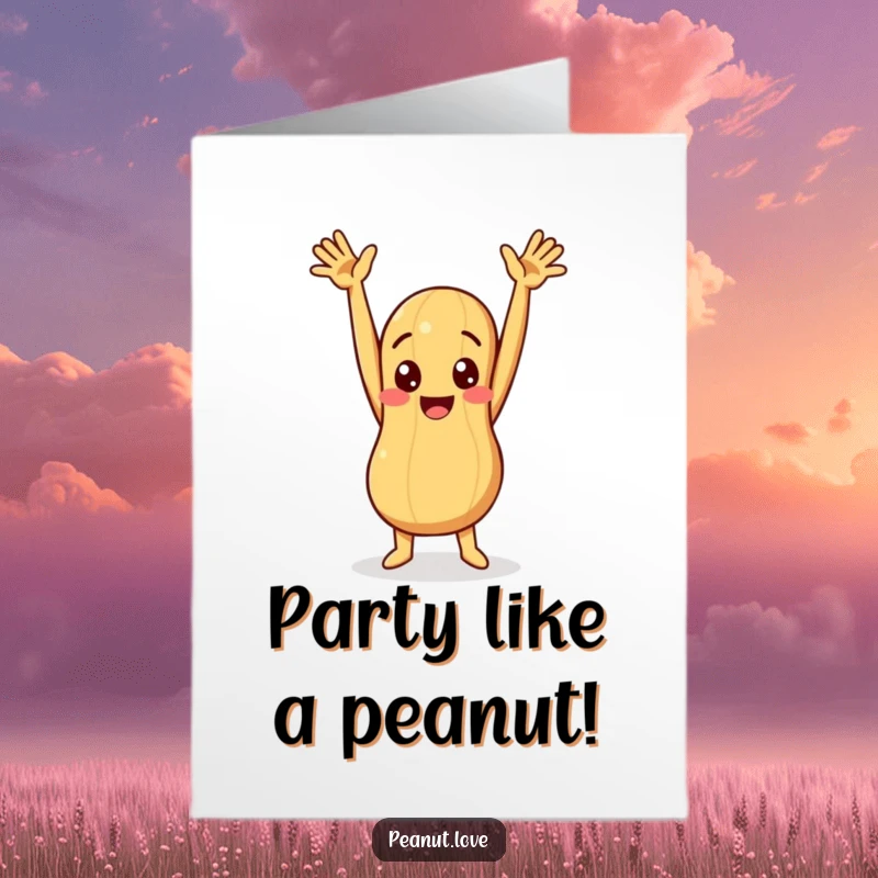 Funny Free Printable Birthday Card: A peanut character with arms triumphantly raised in a hilarious celebratory pose.