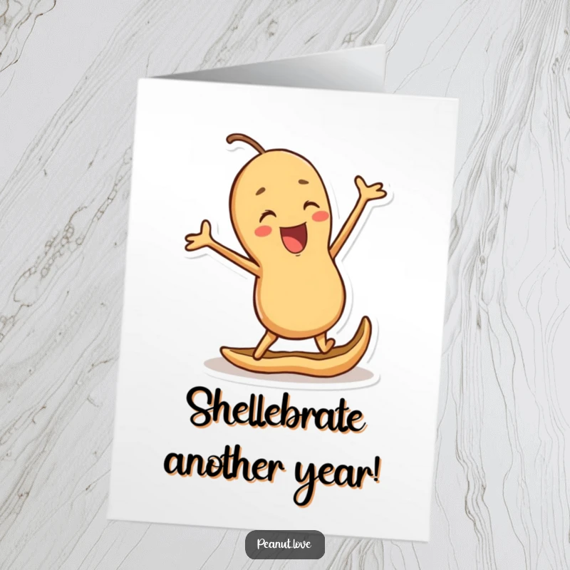 Funny Free Printable Birthday Card: A joyful peanut character enthusiastically jumping inside a cheerful shell.