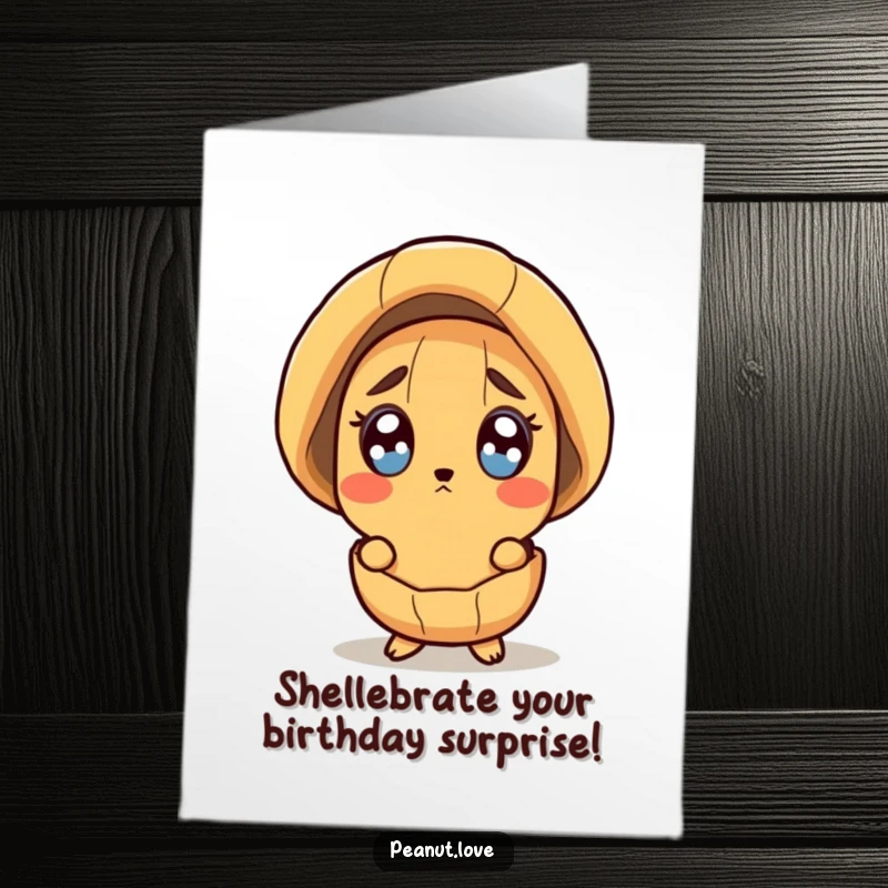 Funny Free Printable Birthday Card: Surprised peanut character peeking out of its shell with wide, astonished eyes.