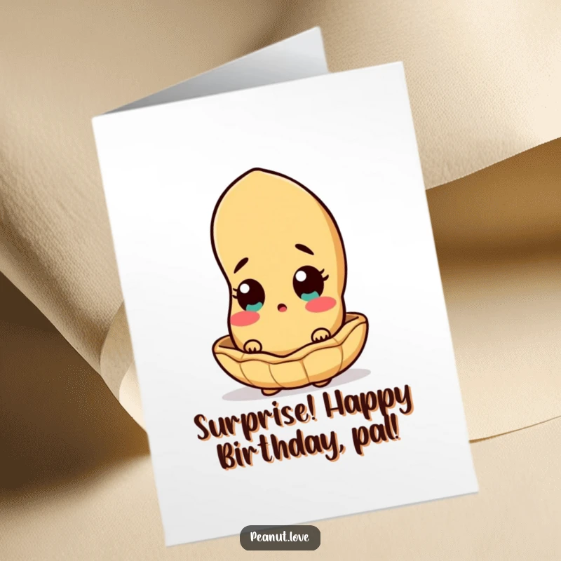 Funny Free Printable surprised peanut character peeking out from its slightly ajar shell, ready for birthday fun. Hilarious surprise.